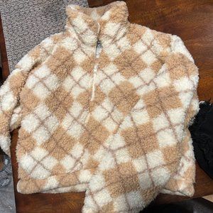 Plaid brown and white sherpa quarter zip